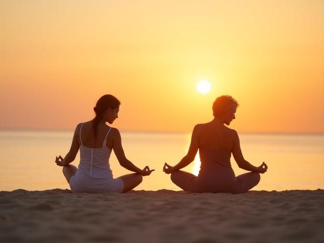 해변가에서 요가하는 중년의 부부