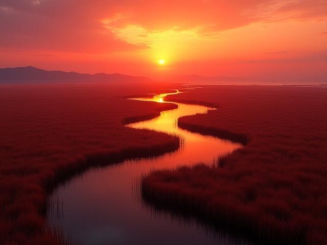 순천만 습지의 붉게 물든 갈대밭과 곡선